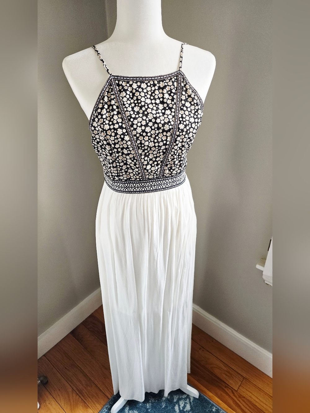 Floral Black & White Maxi Dress with Spaghetti Straps